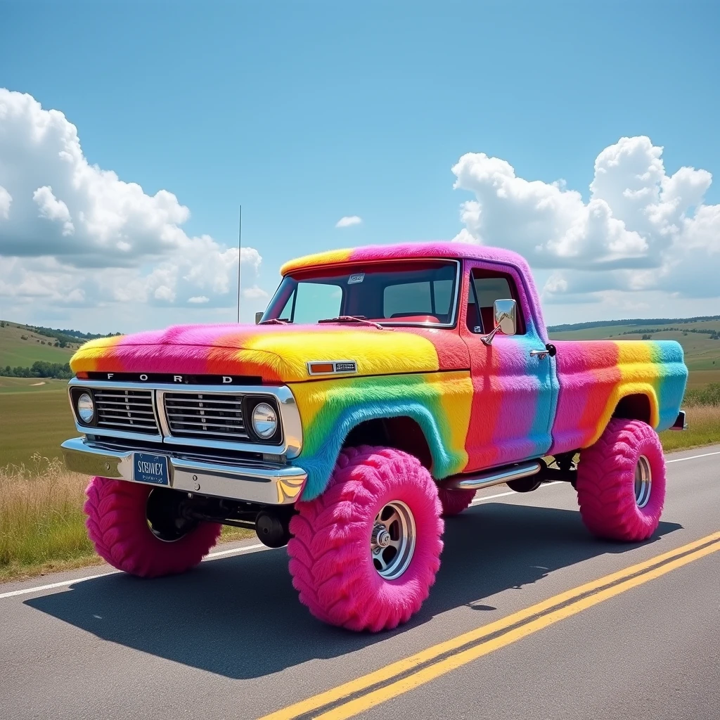 A heavy duty Ford pickup covered entirely with rainbow colored fur, with the tires covered with pink fur.