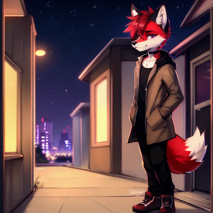 (Artist by zackary911, 8k, high quality, detailed eyes and fur, night, residents background), solo, male fox, anthro, red satured fur, red body, male body, purple eyes, black ears, red hair, short hair, hair cover eye, hands white, choker, eyeliner black, beige jacket, black shirt, alone, without group, without doubles, full length, completely complete everything. smiling, in the field
