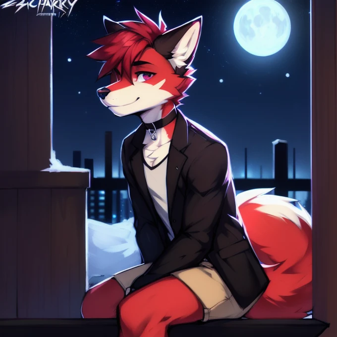 (Artist by zackary911, 8k, high quality, detailed eyes and fur, night, residents background), solo, male fox, anthro, red satured fur, red body, male body, purple eyes, black ears, red hair, short hair, hair cover eye, hands white, choker, eyeliner black, beige jacket, black shirt, alone, without group, without doubles, full length, completely complete everything. smiling, in the field