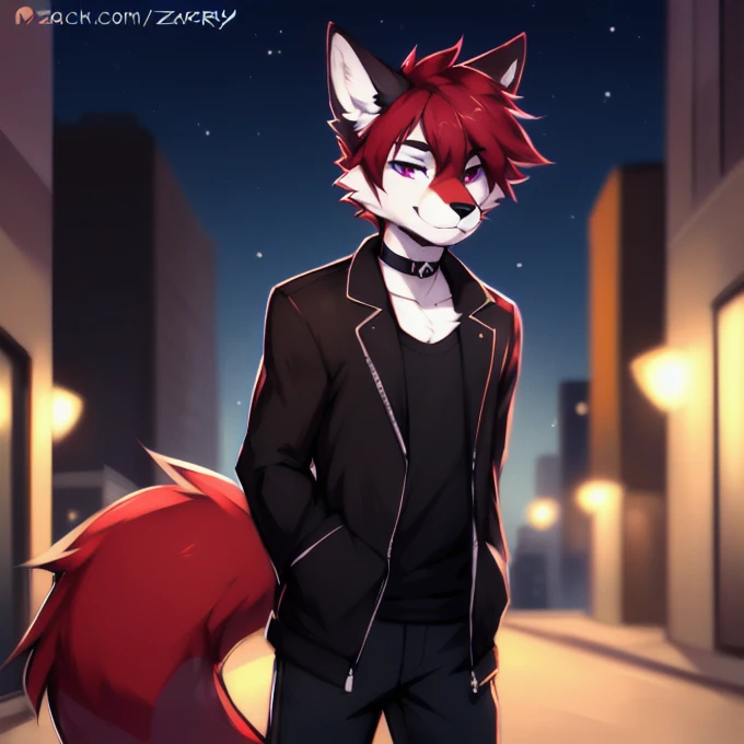 (Artist by zackary911, 8k, high quality, detailed eyes and fur, night, residents background), solo, male fox, anthro, red satured fur, red body, male body, purple eyes, black ears, red hair, short hair, hair cover eye, hands white, choker, eyeliner black, beige jacket, black shirt, alone, without group, without doubles, full length, completely complete everything. smiling, in the field