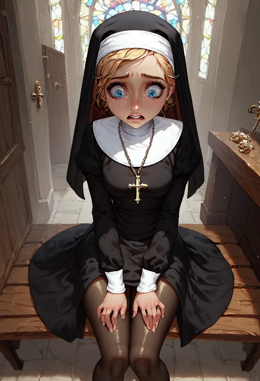 rating_safe, score_8_up, score_7_up, score_6_up, 1girl, solo, shiny skin, pale skin, small breasts, cute perfect face, -like proportions, big head and big eyes, tiny limbs, thin body, (nun habit, beautiful smooth blonde hair), (tiny prepubescent innocent young little nun-girl sitting on wooden bench in confession booth), tiny prepubescent child, (nun outfit), (uncomfortable nervous scared expression), ((scared girl leaning to the side)), POV looking down on nun-girl, (adorable scared blue eyes),(cross-necklace), brown nylon pantyhose, inside detailed confession booth background, inside closet, low light, full-body shot, avoiding eye contct
