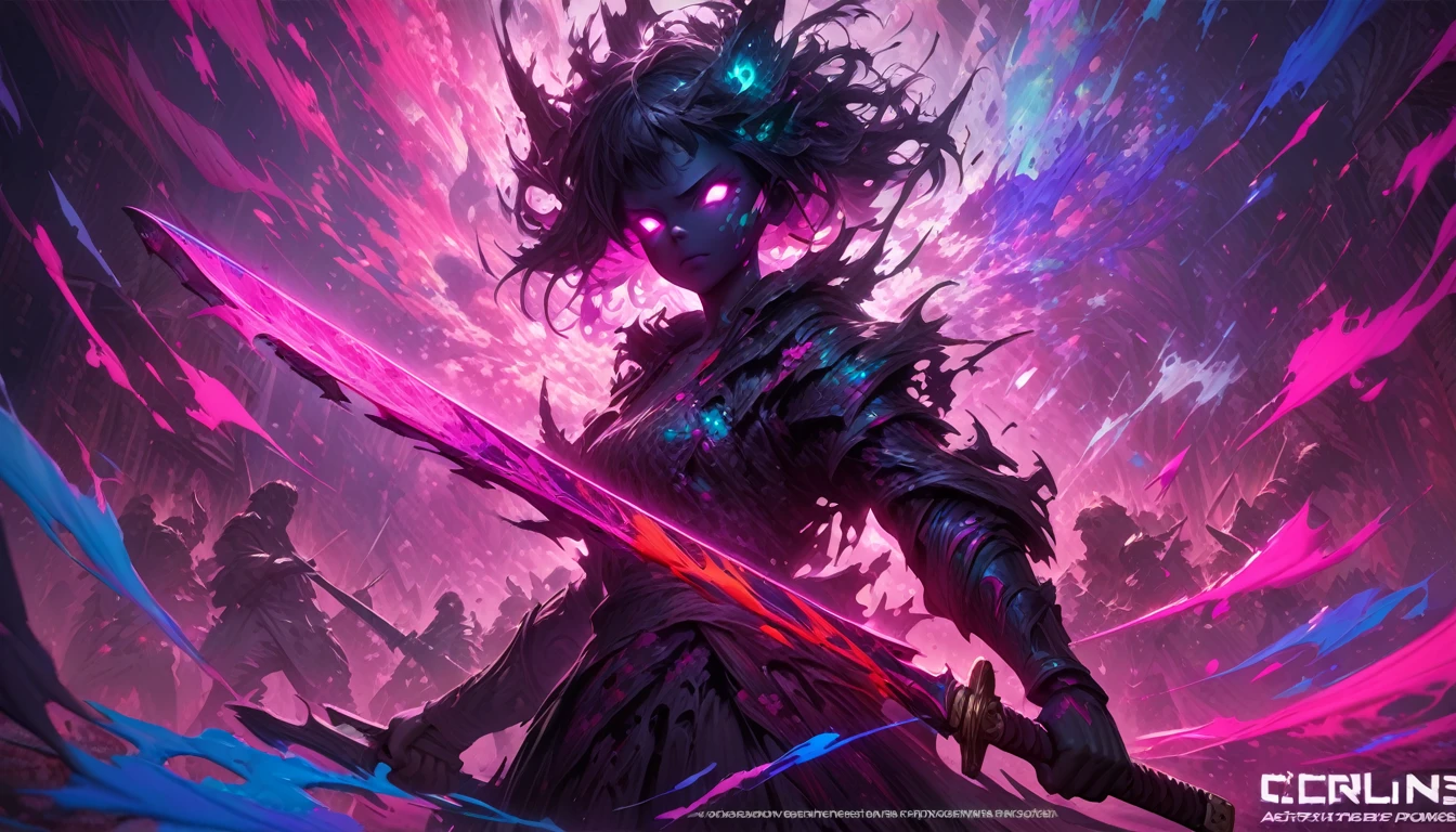 A lone teenager in a tattered , wielding a glowing katana against a horde of spectral warriors. Cherry blossoms swirl around them, casting a pink hue on the battlefield. Abstract brushstrokes depict the chaos of the fight, fantasy world, dark background, clean design, epic, artstation, colorful paint splatter, silhouette, hyper detailed intricate details, unreal engine, fantasy, splash screen, complementary colors, deviantart masterpiece, oil painting, heavy strokes, paint dripping, indifferent expression