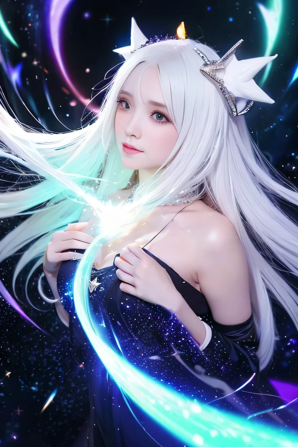 anime girl with long white hair and a star in her hair, white haired deity, anime girl with cosmic hair, star(sky) starry_sky, anime visual of a cute girl, splash art anime , white glowing aura, girl with white hair, ethereal anime, akasuki voidstar, celestial aura, nightcore, anime moe artstyle