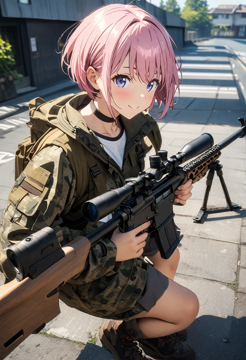 (Highest quality, 4K, 8k, High resolution, masterpiece:1.2), Very detailed, Picturesque, Anime style photo, Photo Anime:1.37)、Japanese、(Pink hair)、(pixie cut)、smile、Black choker、Urban area、Rooftop、Camouflage jacket、Camouflage 、Lace-up boots、Sniper Rifle、Hold the rifle、Full body photography、Nakano Ichika