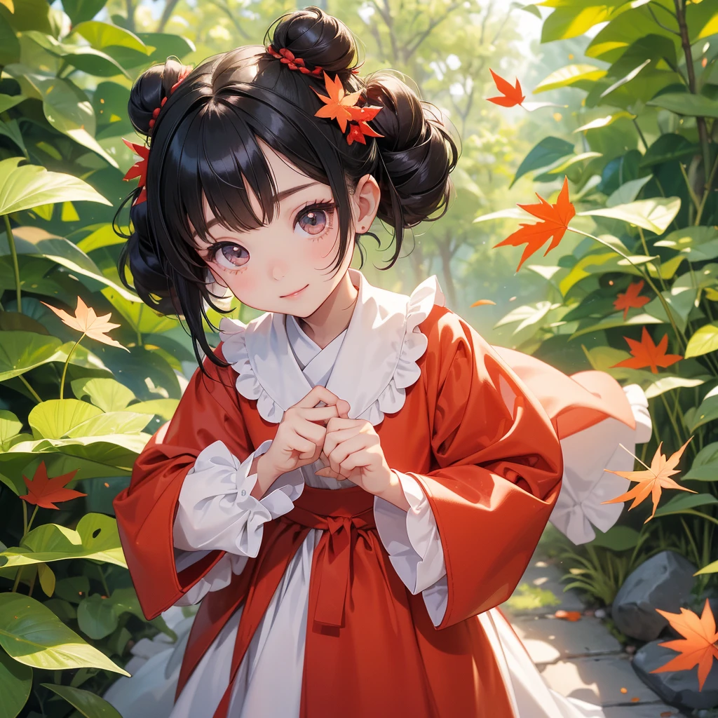 A chibi child girl had a small face and wearing a little tourist priest’s outfit.a pair of big round eyes shone with curiosity about him. This child was so cute. Standing and looking at the falling leaves from red maple three, her hair is black with buns on her hair. Small chibi , chibi baby, smiling , chibi.