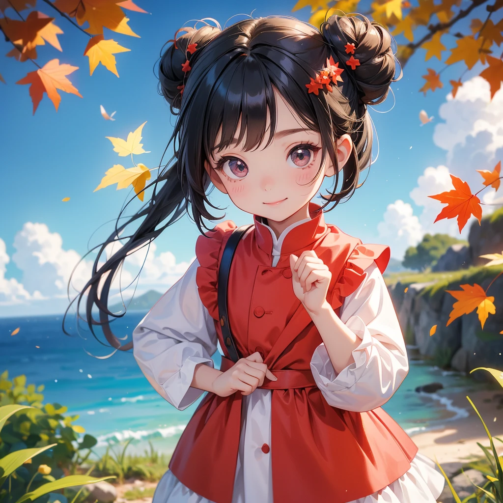 A chibi child girl had a small face and wearing a little tourist priest’s outfit.a pair of big round eyes shone with curiosity about him. This child was so cute. Standing and looking at the falling leaves from red maple three, her hair is black with buns on her hair. Small chibi , chibi baby, smiling , chibi.