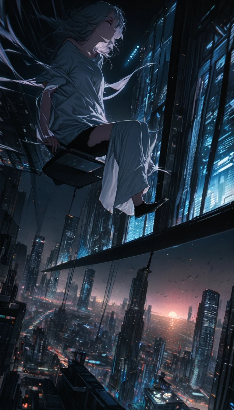 Highest quality, Super Fine, 16K, Incredibly absurd, Very detailed, Beautiful woman sitting on a trapeze suspended between two skyscrapers, Gazing into the distance, Wear a loose long T-shirt, Captivating look, Wind, Wind-effect, moonlit nightscape, (Nice views:1.1) , Clockpunk