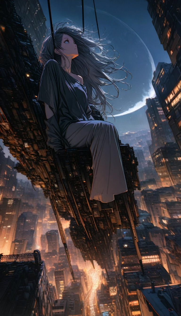 Highest quality, Super Fine, 16K, Incredibly absurd, Very detailed, Beautiful woman sitting on a trapeze suspended between two skyscrapers, Gazing into the distance, Wear a loose long T-shirt, Captivating look, Wind, Wind-effect, moonlit nightscape, (Nice views:1.1) , Clockpunk