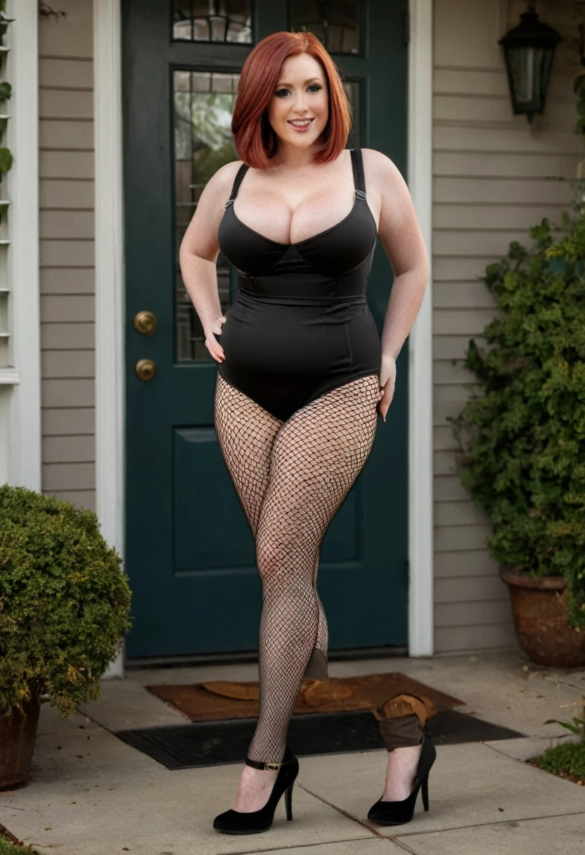 Full body shot of a curvy large breasted redhead female. Lois Griffin. Wearing a skimpy UPS delivery worker outfit with dark brown high heels. Dark brown fishnet pantyhose. In front of the Griffin house.