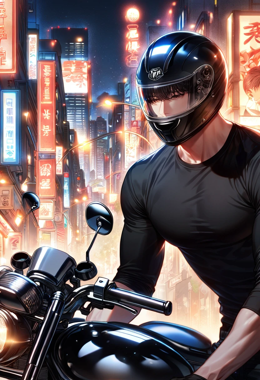 absurdres, highres, ultra detailed, HDR, master piece, best quality, extremely detailed face, delicated features, Kang Woojin, Love Jinx, sexy man wearing a black motorcycle helmet that hides his entire face, solo, sensual, black tight T-shirt, toned, black gloves, city, lights, buildings, night, street