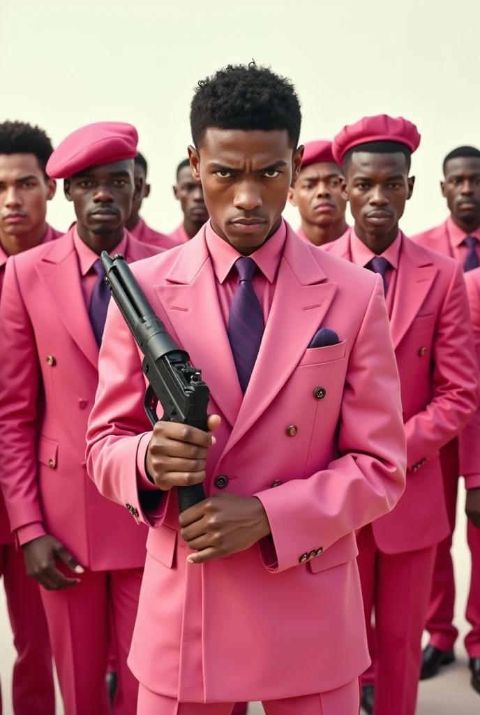 Thomas Shelby wearing pink clothes, with feminine traits, using a Tommy Gun, angry, offwhite. With an army of gays behind him, All of them wearing pink suits, only the leader is wearing a beret