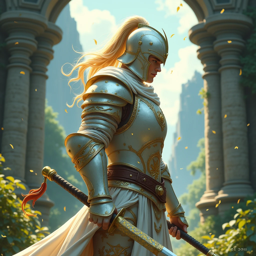 A male paladin knight with sturdy but small complete armor, helmet covering his face, muscular, a large blond ponytail, white and gold armor, wielding a Katana with yellow and blue grooves, Fantasy, Realistic.