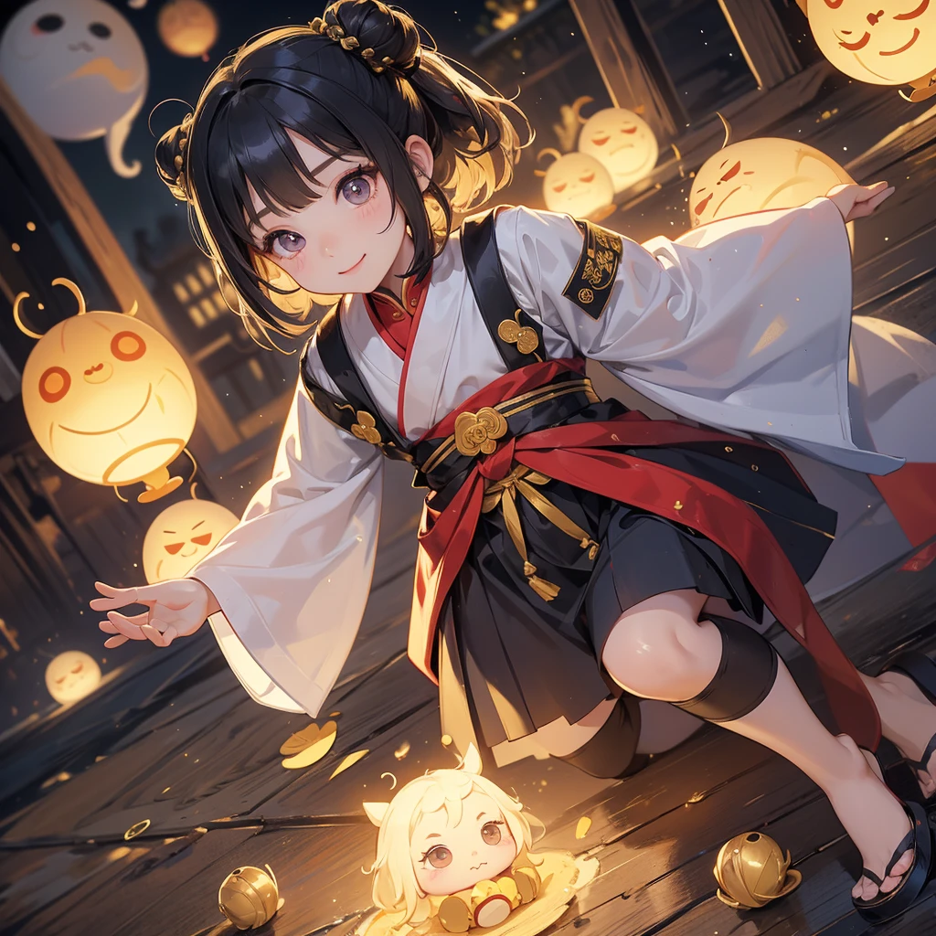 A chibi girl had a small and Wearing a little Taoist priest's outfit. A pair of big round eyes shone with curiosity about him. This child was te! , Burning joss paper and gold paper for the departed spirits in front of the house, raindrops are falling down, her hair is black with two buns on her hair.small chibi, chibi baby, smiling.
little chibi baby lup with his c raised, and his face was old and proud.