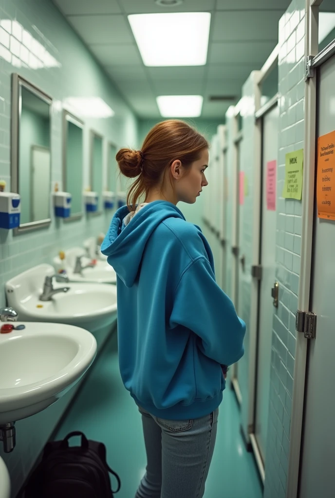 A woman about to pee in a bathroom at her school