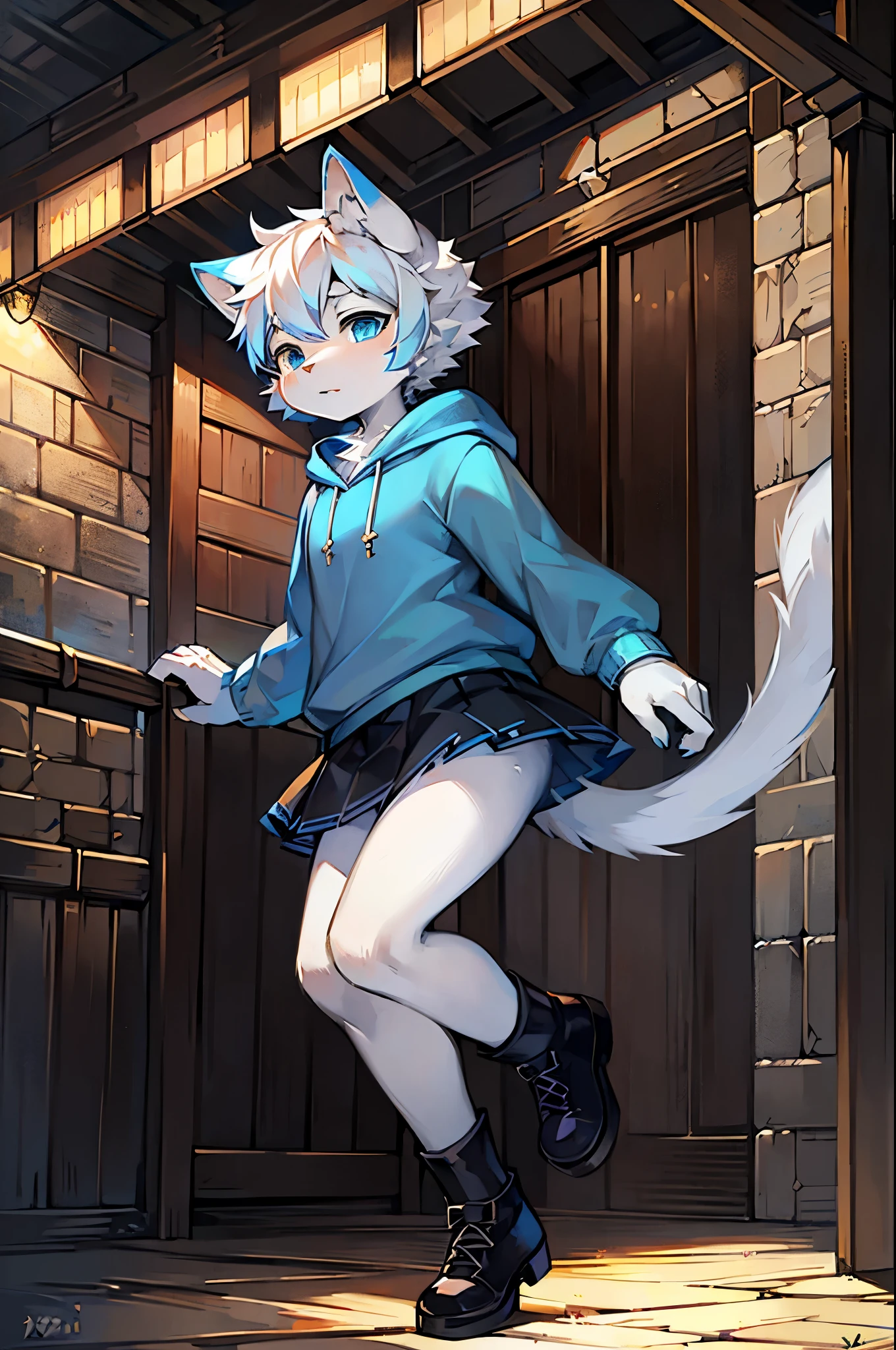 Furry, Anime furry, anthro male cat, light blue and white fur, short white hair, solo, blue sweatshirt, full body character, anime style character, digital painting, black skirt, medieval village, black medieval shoes