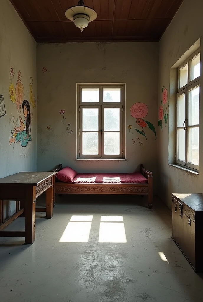 Pakistani lower middle class almost empty, big size room, Pakistani style sleeping Takht, old study table, old iron trank, floor cemented , old gray color wall, neat and clean with full of life, without curtains, girl drawing on some part of wall,kid draw paintings on wall, full long shot