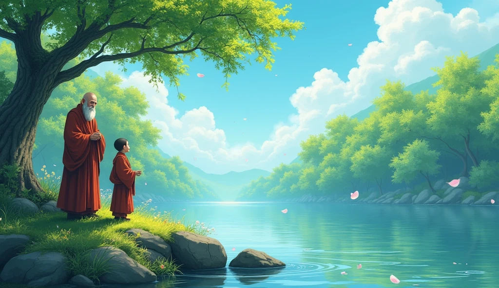 Old monk master standing with his young monk master beside riverbank, trees, beautiful scenario, in anime style,