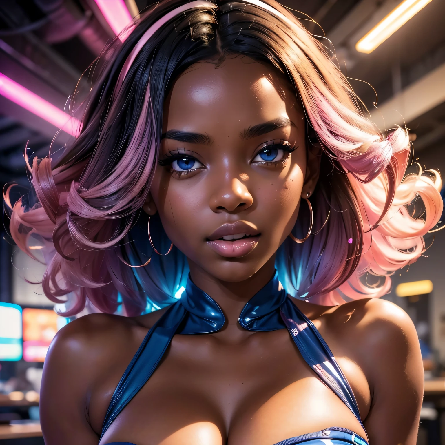 1girl, in laboratory, (18 years old), (dark skin), dark skin, wide shot, light blue eyes, long wavy hair, blond hair, orgasm, (floral sun dress), (Masterpiece, Professional lighting, 16k, 8k wallpaper, raw photo, photo realistic:1.8, ultra detailed, natural lighting, detailed skin sexy pose, open mouth, big lips, night time, magic energy, neon light, orgasm, soaked, sweating, crying, screaming, action, cleavage