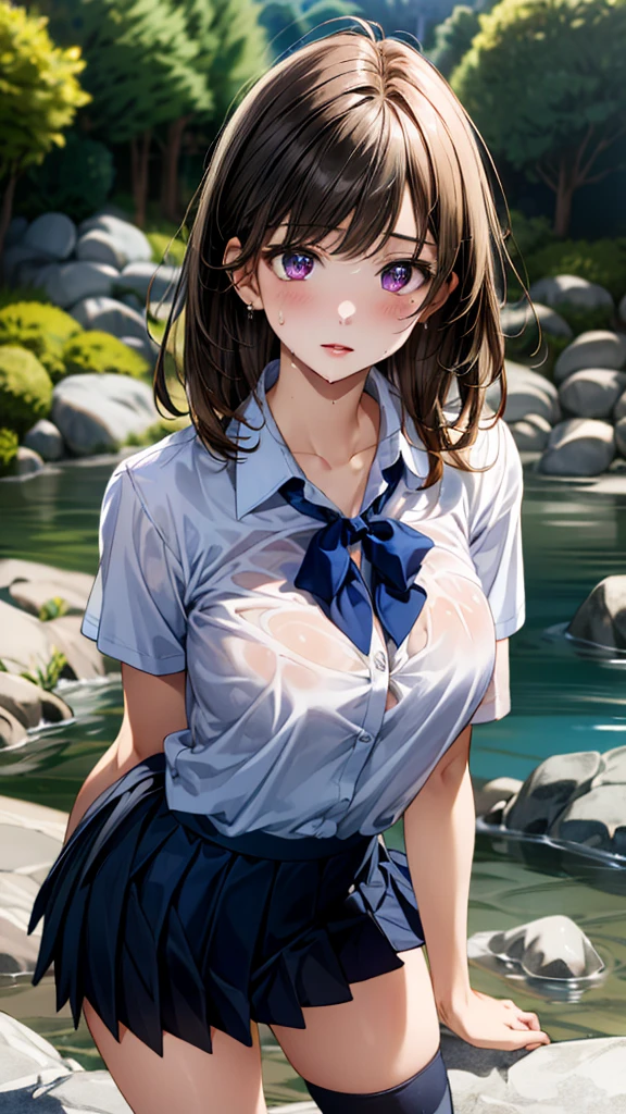 /(perfect detailed hands, perfect detailed fingers, beautiful face, perfect eyes, perfect detailed body,), sitting on a park bench, crossed legs, rain, traslucent blouse, Wet clothes, big chest, beautiful gradient, Full body, Beautiful girl, clean detailed faces, dynamic pose, massive chest, /(Schoolgirl uniform: beige V-neck blouse with lace and neckline, pink mini-skirt with pleats and butterfly patterns, white knee-high stockings with diamond patterns, purple bow,), full body, Uhd digital painting, hyperdetailed triadic colors, unreal engine, fantastical, intricate detail, complementary colors, 8k resolution, deviantart masterpiece, oil painting, heavy strokes, dynamic light source