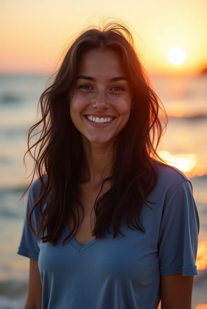 Her hair is cut with bangs, she has a slightly Yörük woman face with slight traces of village Yörük skin. She has thin eyebrows. Her nose is straight, the area under her eyes is tanned. Her skin is white but close to tan. A moderately beautiful woman with long black hair, brown eyes, thin brown eyebrows, a woman in her 20s wearing shorts and a short t-shirt, with few visible eyelashes, a distance between her eyebrows and eyelashes, swollen cheeks when she smiles, and lines at the corners of her mouth.. Her lips are a little swollen and pink. She has a blue and sunny T-shirt on. The back is the sea with the sunset.