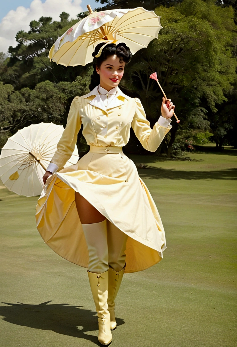 Year 1899. Veronica Lodge as an attractive, slutty yo brunette socialite daintily carrying a parasol, pinky finger raised. Yellow 1890_dr3ss and hat. High-collar long sleeve shirtwaist, long skirt. Lifting her skirts, revealing her petticoats, stockings and boots 