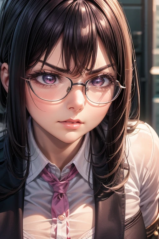 masterpiece, Beautiful art, professional artist, 8k, art style by sciamano240, Very detailed face, Detailed hair, detailed clothing, detailed fabric, 1 girl, perfectly drawn body, beautiful face, broad, very detailed, wearing teacher clothes, thigh high boots, tube skirt, Glasses, looking angrily over Glasses, Sensual Lips , pink cheeks, School environment, detailed background, board , show details in the eyes, close up view, spectator looking, angry expression,