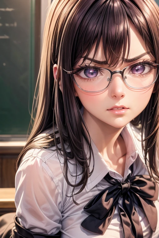 masterpiece, Beautiful art, professional artist, 8k, art style by sciamano240, Very detailed face, Detailed hair, detailed clothing, detailed fabric, 1 girl, perfectly drawn body, beautiful face, broad, very detailed, wearing teacher clothes, thigh high boots, tube skirt, Glasses, looking angrily over Glasses, Sensual Lips , pink cheeks, School environment, detailed background, board , show details in the eyes, close up view, spectator looking, angry expression,