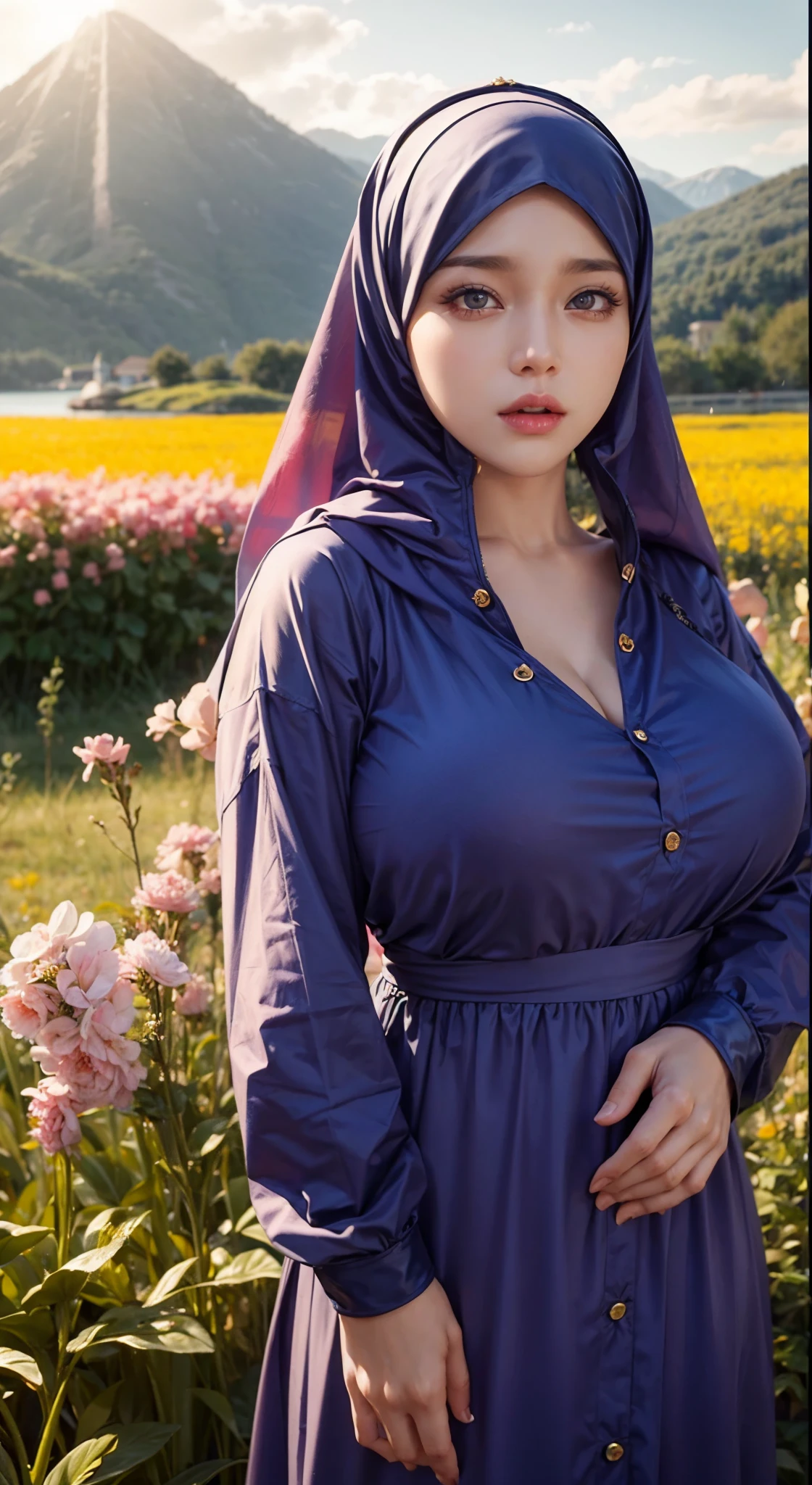 Big boobs, yellow hair color,red ayes,Hyper realistic, Ultra detail, hijab