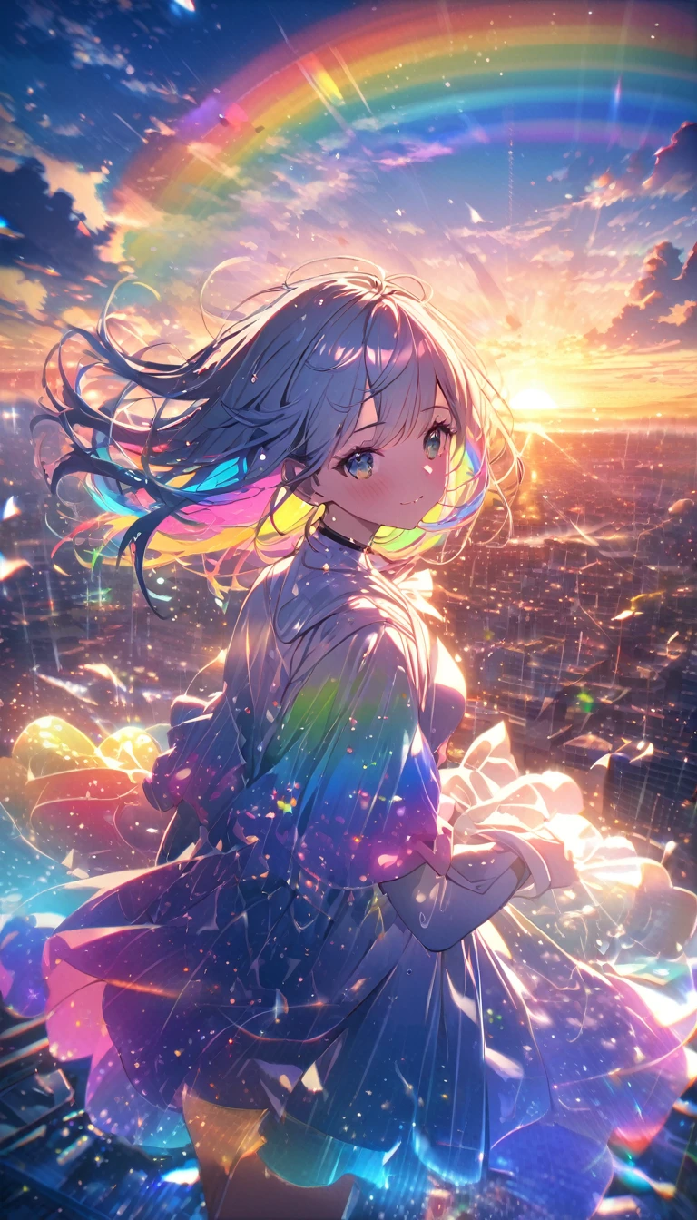 Angelic, detailed woman, sunrise, rainbow, After the Rain, horizon, In the sky, city , Lens flare, colorful, High resolution, 8k