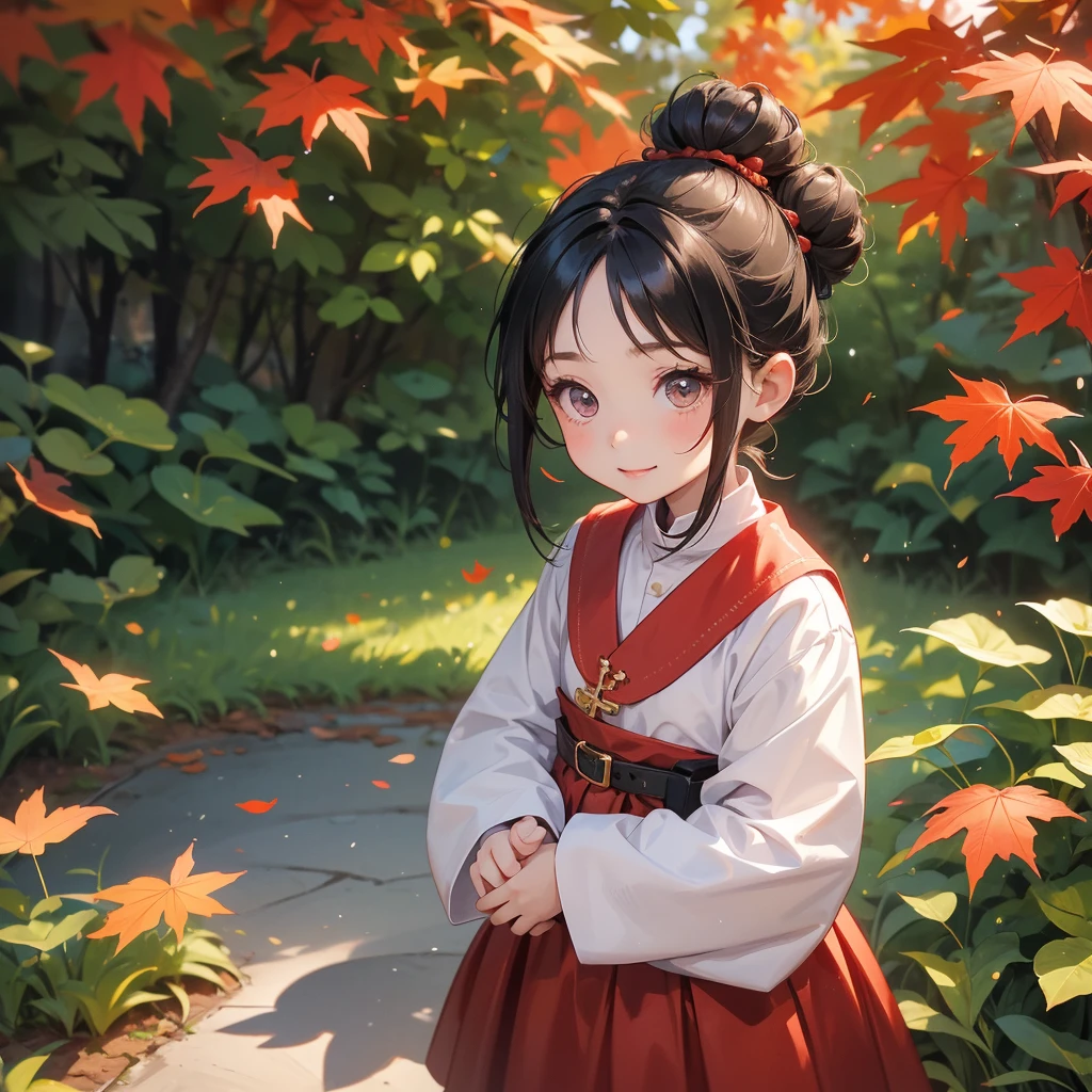A chibi child girl had a small face and wearing a little tourist priest’s outfit.a pair of big round eyes shone with curiosity about him. This child was so cute. Standing and looking at the falling leaves from red maple three, her hair is black with buns on her hair. Small chibi , chibi baby, smiling , chibi.