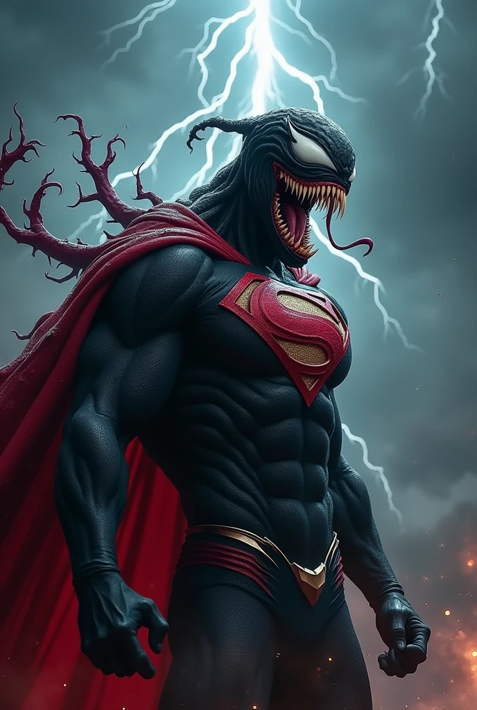 Venom in slime form combined with Superman, evil, enemy, red and black torn cape