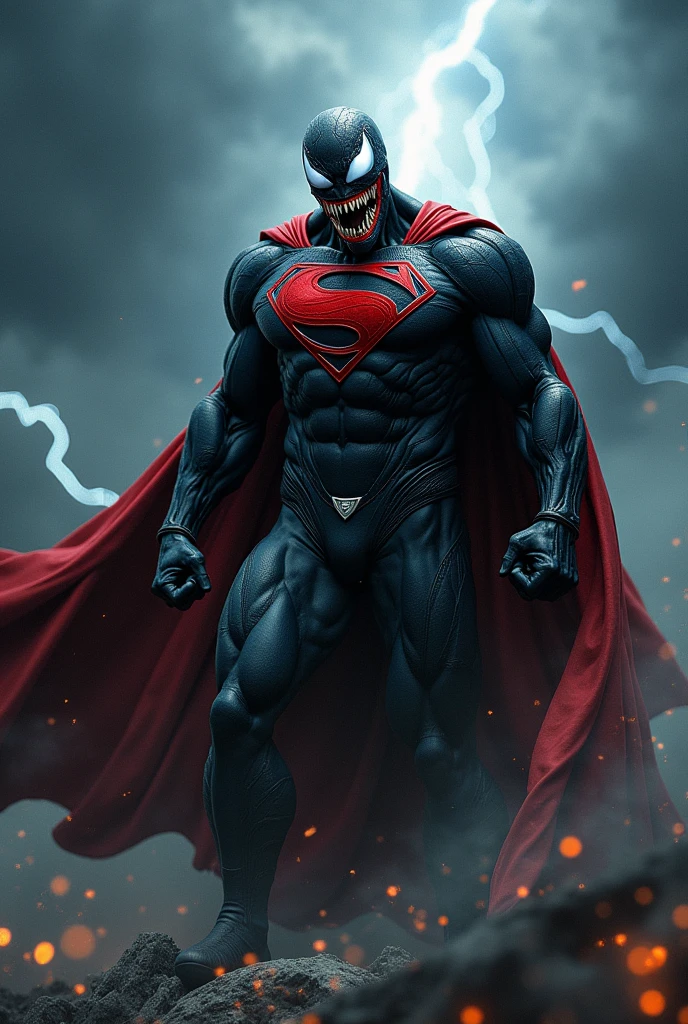 Venom in slime form combined with Superman, evil, enemy, red and black torn cape