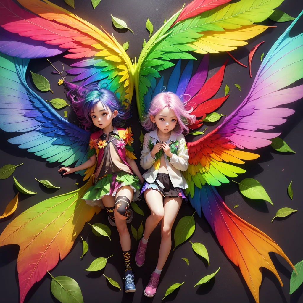 cute rainbow hair rainbow wings flowers transparent wings leaves clothes made of leaves