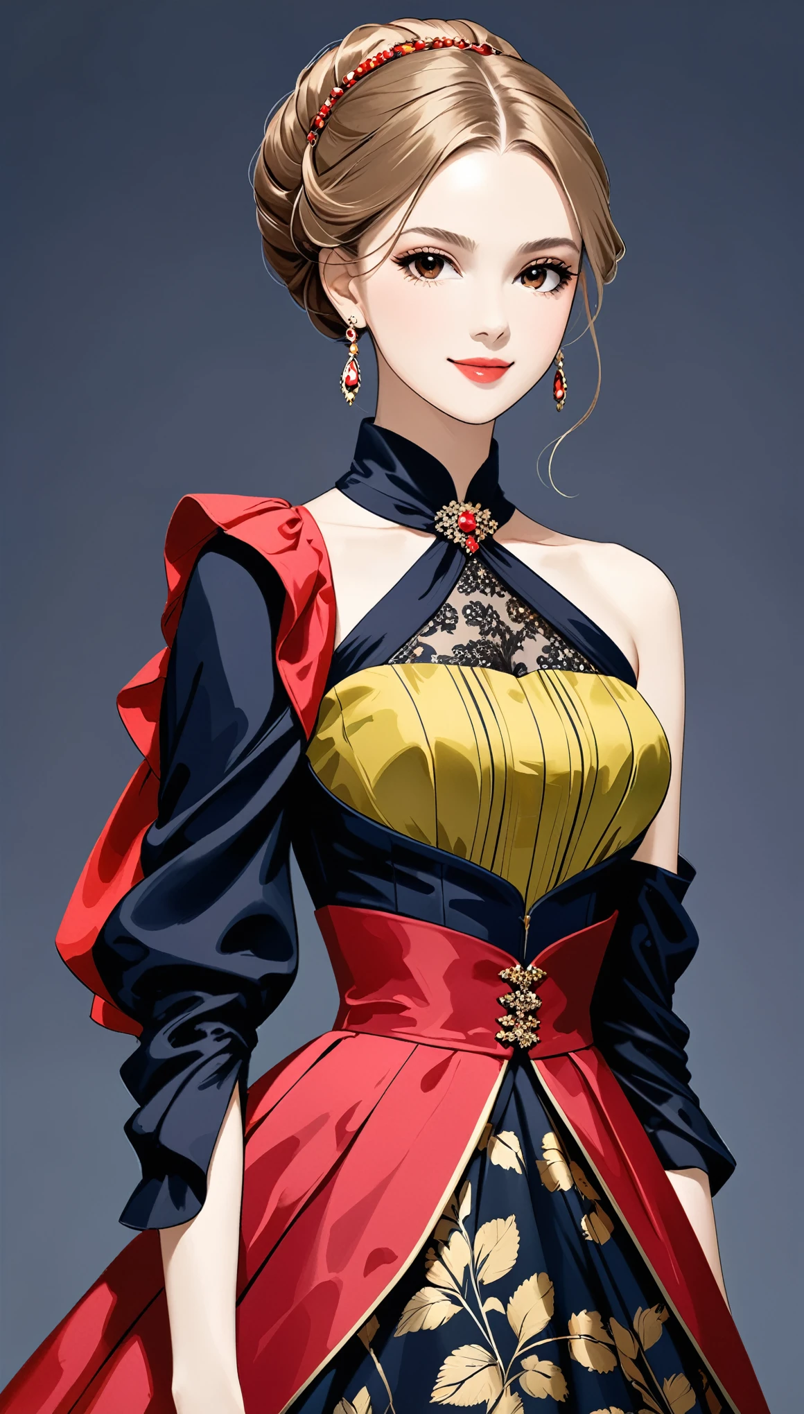 in style of Hans Hartung,in style of Camille Corot-【Thick brushstrokes】-,in style of Carolina Herrera-【Gorgeous clothing designer】-
(1girl character conceptual design,half body),gravure_pose,smile,(single sleeve:1.3),printed trim,more lively color matching,Absurd artistic,[gothic | future | rococo dress]