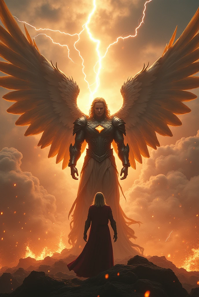 The scene is a strong, angel with impressive armor, protecting a person from arrows with fire, with its resplendent and brilliant wings , impressive scene, realisitic, 4K , HD , ultra , com raios , Lights in the sky , like a Justice League movie scene , Heroic, stunning, unforgettable and addictive