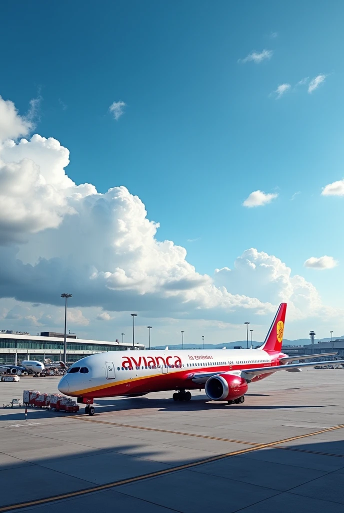 Generate an image of a Boeing 787 commercial airplane to use as a wallpaper, at the airport and that it looks very realistic and the Boeing is from Avianca airline