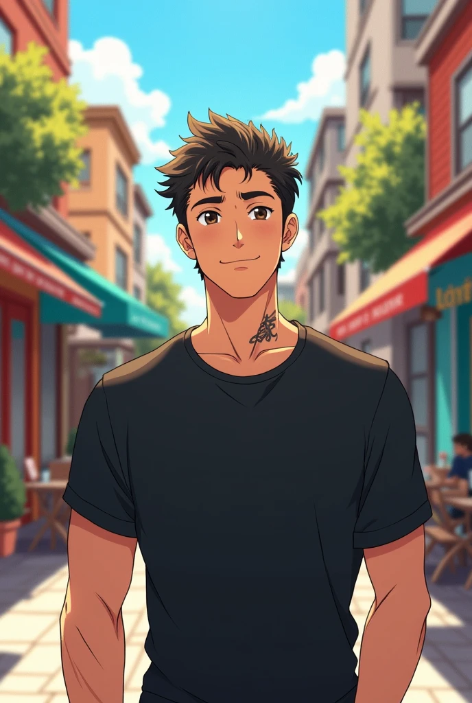 A cool anime dad wearing a casual black shirt and a small black tattoo on his neck.