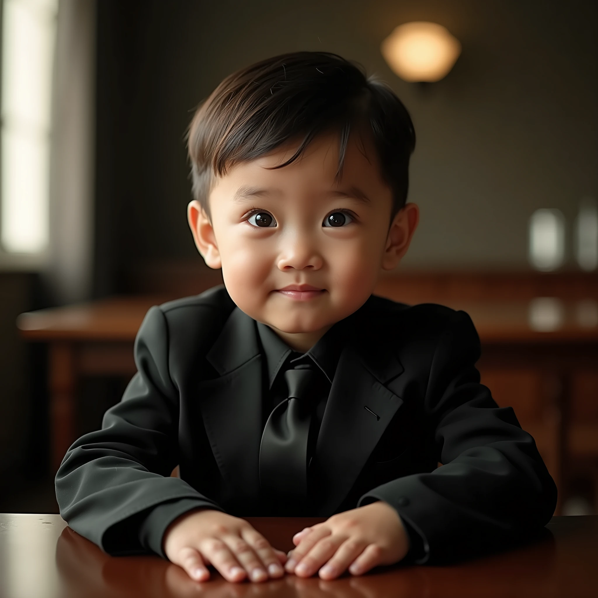 generate a master photograph describing a cute, innocent-looking around 3 to , sitting confidently at a table, looking directly into the camera with a charming, curious expression, (8K, best quality), he is dressed in a black suit reminiscent of the Men in Black (MIB) uniform, complete with a small black tie, but without the black sunglasses, (asian skin, glistening skin, beautiful complexion), shot on Fujifilm superia, (Studio soft light, high detail, cinematic lighting, rim lighting), Style: (hyperrealistic, by DynastySeries FashionNova, photo, {{{masterpiece photography}}}, analog photograph, professional fashion photoshoot, trending on artstation, synthwave, krrrsty), Quality: (photographed, masterpiece, highest resolution), Definition: (highres, sharp focus, 8k uhd, ultra photo-realistic resolution), Film: (80 mm, shot on portra 120, shot on Fujifilm), Resolution: (extremely detailed, (sharp focus:1.5), cinematic lighting, dramatic lighting, ultra photo-realistic), luxury: