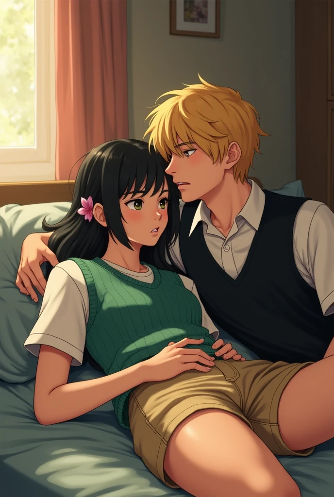 a boy who named SUNNY looks like an average teenager. He has straight, black, ear-length hair with a fringe that slightly covers his eyes. He also has arched eyebrows and eyes with the same shade of black, in contrast with his paler skin. And His friend BASIL In the present, he wears a white-collared shirt with a black vest over it. He wears beige shorts, white socks, and black shoes. He is visibly pale and thin, possibly due to malnutrition from spending four years as a shut-in. he has blond hair and has a single pink flower tucked behind his left ear. He wears a green knitted sweater vest over a white button-up shirt, beige shorts, and black shoes, resembling the same clothes that SUNNY wears. BASIL began to crawl SUNNY on the bed. BASIL was on the top of SUNNY and their face are so close to each other but SUNNY is calm and relax. BASIL is nervous at once.