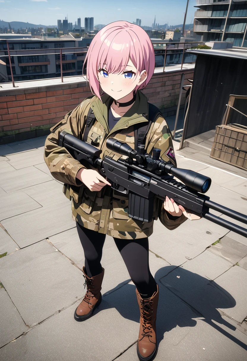 (Highest quality, 4K, 8k, High resolution, masterpiece:1.2), Very detailed, Picturesque, Anime style photo, Photo Anime:1.37)、Japanese、(Pink hair)、(pixie cut)、smile、Black choker、Urban area、Rooftop、Camouflage jacket、Camouflage 、Lace-up boots、Sniper Rifle、Take aim and hold your rifle、Full body photography、Nakano Ichika
