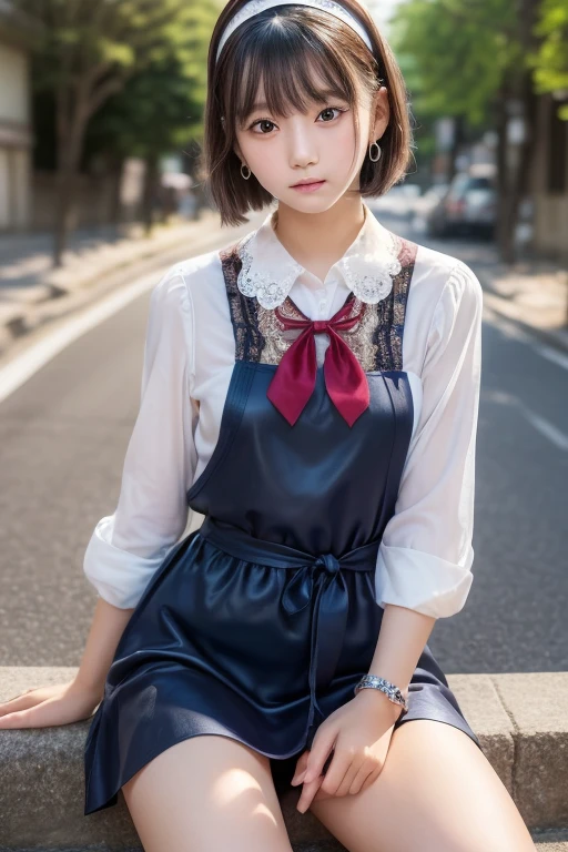 ((software: 1.4)), (software,彼女は白い刺繍の入った長いスカートをyesている, Red blouse with lace, A white apron is tied around the waist., Blue socks, Brown leather shoes.She has a blue scarf on her head. yes, Her accessories include a necklace.., Earrings, bracelet. 1 person)), Ultra-high resolution, (Realistic: 1.4), RAW Photos, Highest quality, (PhotoRealistic Stick), concentrate, Soft Light, ((15 years old)), ((Japanese)), (( (Young Face))), (surface), (Written boundary depth), masterpiece, (Realistic), woman, bangs, ((1 person))、(((Thighs)))
