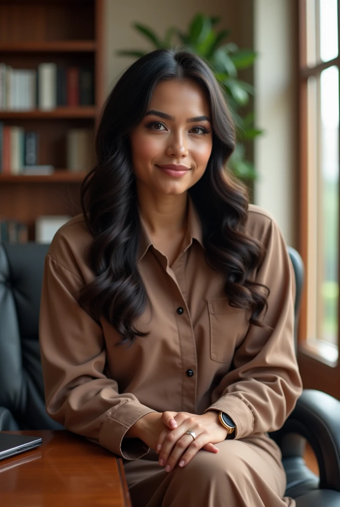 a beautiful malay matured woman, plump, natural big breasts, wear semi formal office shirt and hijab, wavy long hair, seductive expression, sensual pose, sit on her office desk in fron of her computer, luxury ceo office room as background details, look at the viewer, natural light, realistic photography, wide angle shot from top, detailed facial features, photorealistic, high quality, 8k, masterpiece