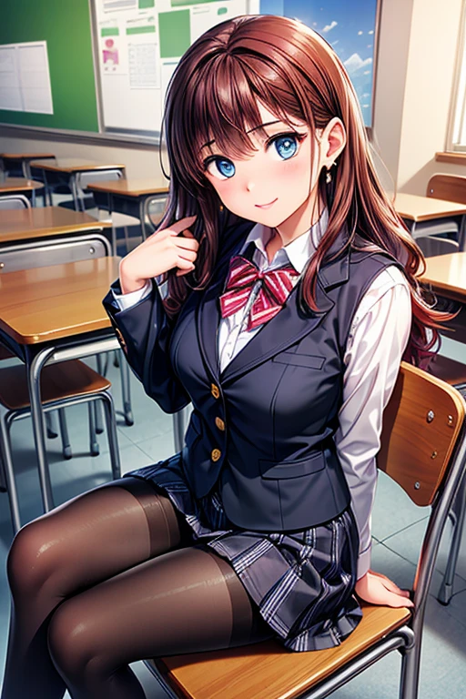 #Basic
A girl posing for a photo, (((One Girl))), (((Baby Face:1.4)) + ((cute:1.4)) + ((15 years old))),
break
#Clothing Accessories
((school uniform)) : ((Blue student blazer:1.2)) + ((Blue student vest)) + White dress shirt + ((Blue pleated skirt)) + ((Black Pantyhose:1.4)), (Brown Loafers),
(Red Gem Earrings),
break
#Features
((Red hair:1.2)) + ((Side-parted bangs + Very long side bangs)) + ((Half Up:1.4 : Long Hair + Curly hair + Straight hair)),
((Droopy eyes:1.4, Big eyes:1.2), blue eyes), (Small breasts:1.2), (中立的な顔のFeatures),
break
#background environment
((noon + School classroom:1.2, blue sky)),
#Facial Expression Pose
((Wicked Smile)), (((Sitting on a chair、Crossing your legs)), (Clasp your hands above your head:1.2)),
#composition
((Angle from the front:1.2, head shot:1.5)),
break
#Body parts elements
(Slim figure),
(Symmetrical facial features),
(Detailed Hair, Beautiful Hair, Shiny Hair),
(double eyelid, Long eyelashes, Thin eyebrows:0.5, Thin eyebrows:0.5),
(Expression of fine eyes, Beautiful and delicate eyes, Sparkling eyes, Eye Reflexes, Glitter Eyeliner),
(Human Ear),
(Beautiful Nose, Thin Nose),
(Glossy Lips, Beautiful Lips, Thick lips),
(Detailed skin, Textured skin, Beautiful Skin, Oily skin),
break
#quality
(((最高quality)), ((masterpiece:1.3)), ((Very detailed))), ((Ultra-high resolution)), ((16K)), ((1080P)), ((Full HD)),
((Anatomically correct)), ((Realistic)), (3DCG), ((Oil painting)),
((comics, anime)), (CG illustration), (RAW Photos),