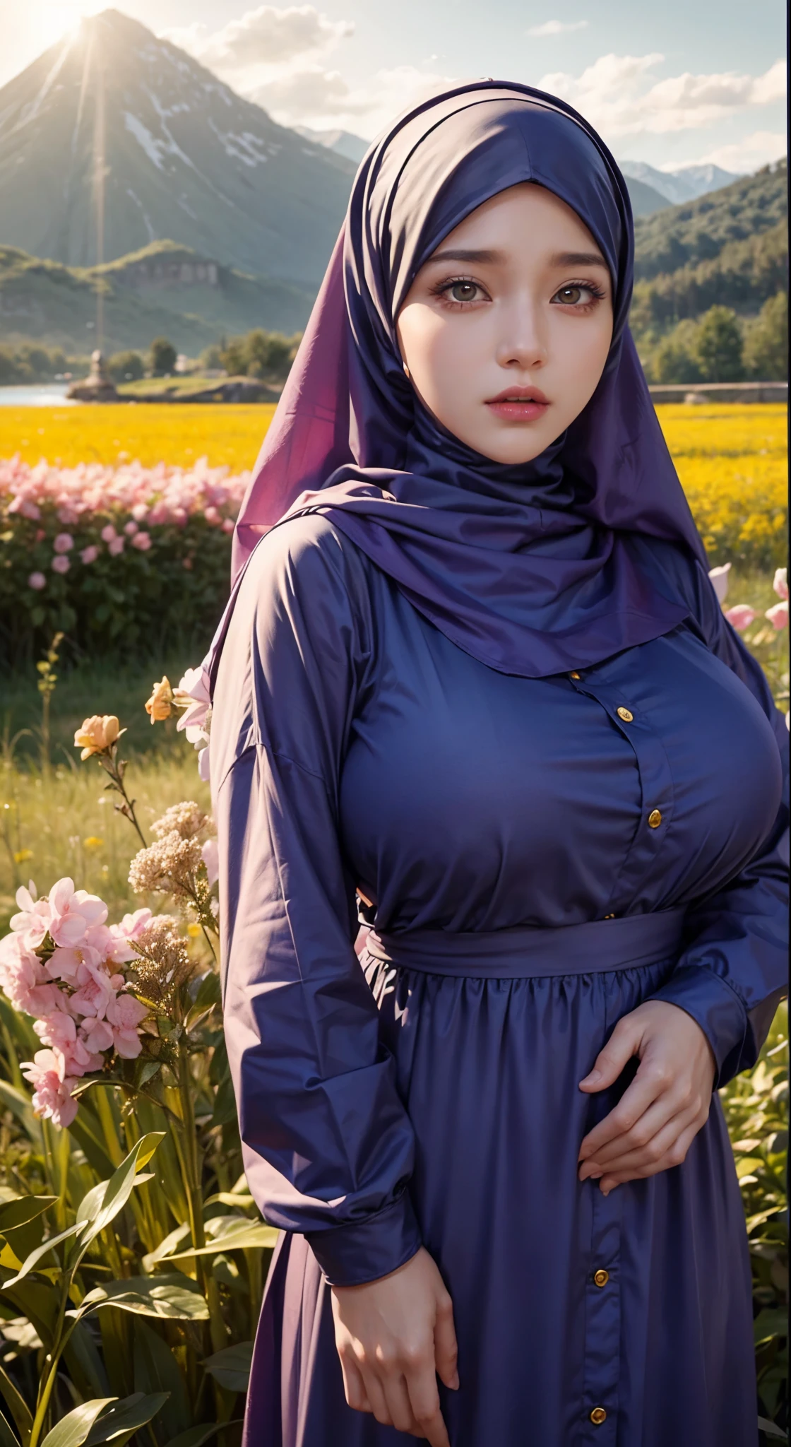 Big boobs, yellow hair color,red ayes,Hyper realistic, Ultra detail, hijab