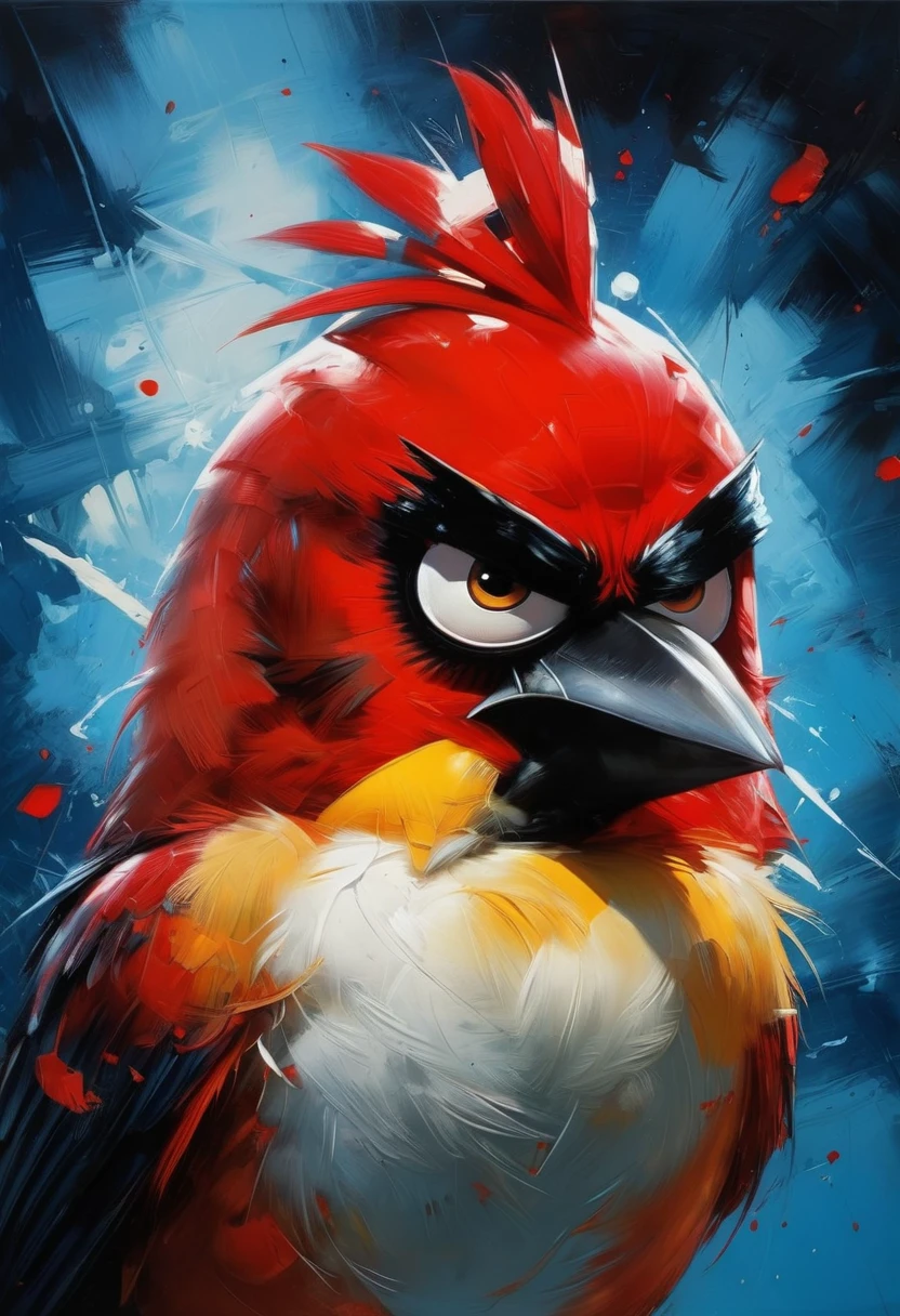 Angry bird, top hard light, dark environment, red over blue, highly detailed, melancholic, masterful painting in the style of Aleksi Briclot, oil on canvas