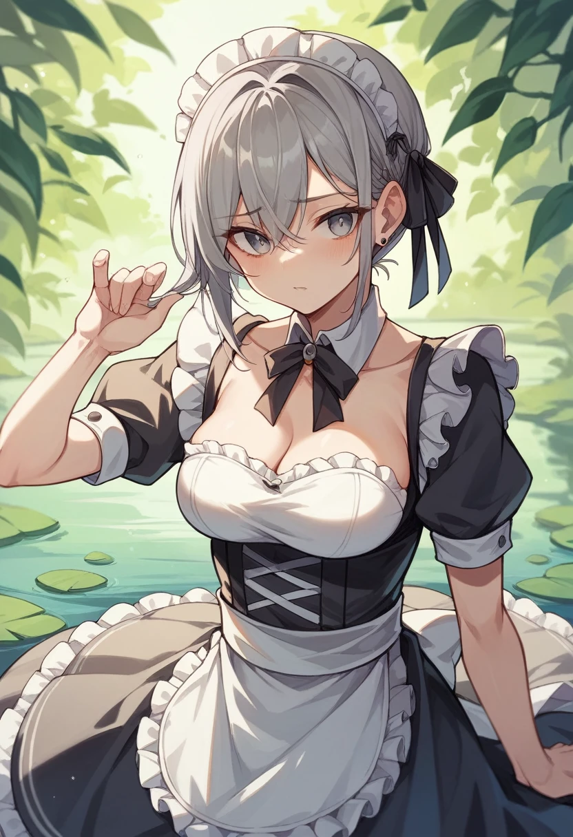 Gray Hair、Mysterious atmosphere、One Woman、By the lake、mysterious、Solemn、Pure、high resolution、high quality、Maid clothes、