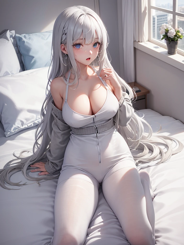 Character Details:, - Gender: 1Girl. Girlfriend look, innocent look, - Style: Anime, - Body Type: Attractive body, nice body, nice legs, slim tights, nice arms, nice shoulders. - Breast: (Cleavage, Breast:1.2)- Facial Feature: Beautiful, Gorgeous, ager, Fresh, Young. - Expression: Shy, Look, sweating, blush, open mouth, (blue eyes). - Hairstyle: Blunt Bangs. - Hair Color: (White Grey Hair:1.5), (Straight and Wavy Long Hair:1.3), - Clothing: (cardigan). - Body Pose: (lying, sleep on bed:1.3) (hands up). - Behaviour: Waiting, Want Something, Secretly. - Accessories: Earrings, Thin Black Headband, Green Accessories, Environmental Details:, - Setting: Bed Room., - Lighting: Natural Light., - Decoration: Modern Bed, Chair, Window, White Curtain, City View. Top view. pov, anime style, UHD, retina, masterpiece, accurate, anatomically correct, textured skin.