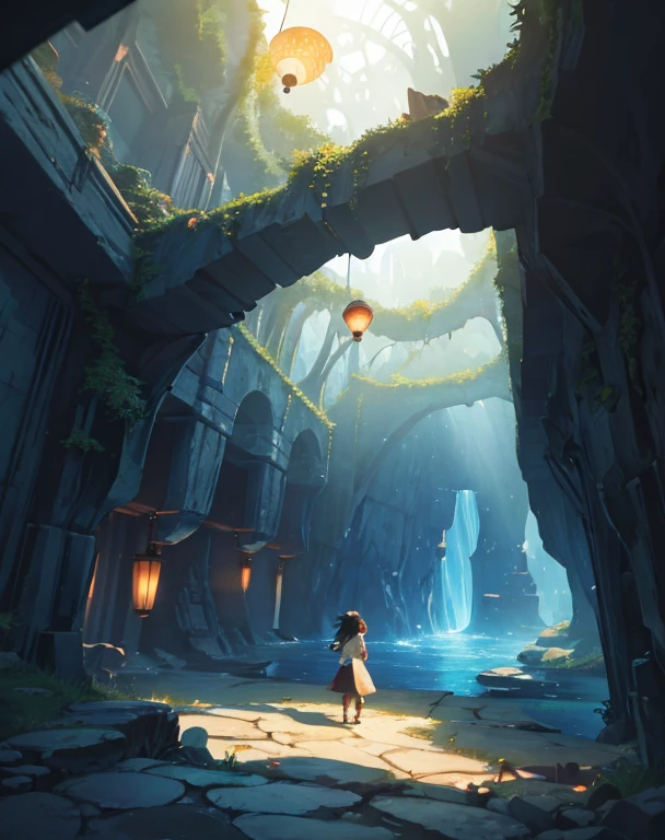 Create exquisite illustrations reminiscent of Makoto Shinkai's style, It has ultra-fine details and top-notch quality. Create an illustration of a fantastical and nostalgic cave exploration scene where a minecart is traversing through the cave, illuminated by lanterns. In the minecart, a young girl is excitedly exploring the cave, marveling at the colorful gemstones embedded in the cave's walls. The cave's walls are adorned with a variety of colorful gemstones, each emitting a mesmerizing and unique hue. These gemstones cast a magical radiance throughout the cave's interior, creating a wondrous and captivating atmosphere. The scene captures the spirit of adventure and the allure of uncovering hidden treasures within the depths of this mystical cavern.