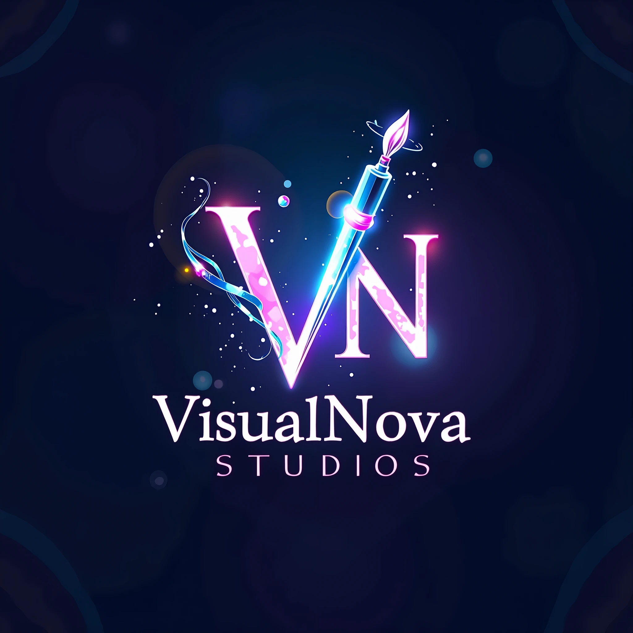 The "VisualNova Studios" logo should reflect the quality and innovation of anime background design with a modern and minimalist design. It should incorporate the initials "V" and "N" in an elegant style, blending in elements related to anime such as a drawing pen or brush, Add subtle light effects or glow to enhance the creative touch, Use vibrant colors like light blue, purple, or pink, with contrasting highlights, Employ a contemporary and clear font for "VisualNova Studios" to ensure readability and complement the artistic design