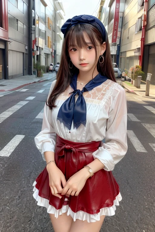 ((software: 1.4)), (software,彼女は白い刺繍の入った長いスカートをyesている, Red blouse with lace, A white apron is tied around the waist., Blue socks, Brown leather shoes.She has a blue scarf on her head. yes, Her accessories include a necklace.., Earrings, bracelet. 1 person)), Ultra-high resolution, (Realistic: 1.4), RAW Photos, Highest quality, (PhotoRealistic Stick), concentrate, Soft Light, ((15 years old)), ((Japanese)), (( (Young Face))), (surface), (Written boundary depth), masterpiece, (Realistic), woman, bangs, ((1 person))、(((Thighs)))